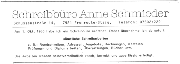 Die erste Zeitungsannonce von Anne Schmieder 1986